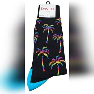 Davco Men's Black Socks with Rainbow Palm Trees, New!